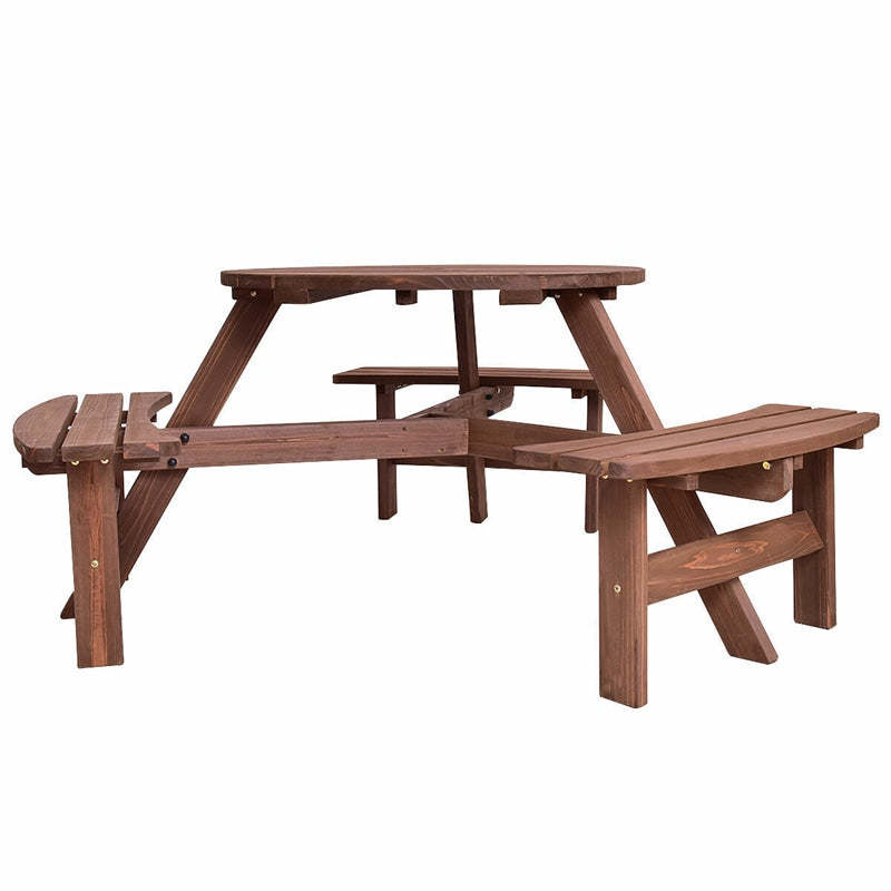 6 Person Wood Picnic Table, Outdoor Round Dining Table with 3 Built-in Benches & Umbrella Hole, 500lbs Capacity, Bench Patio Dining Set for Garden
