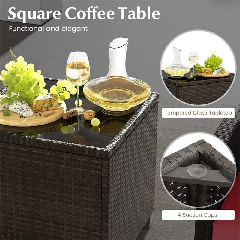 5-Piece Patio Rattan Furniture Set, Cushioned Wicker Chairs with 2 Ottomans & Glass Coffee Table, Outdoor Sectional for Porch Backyard Poolside