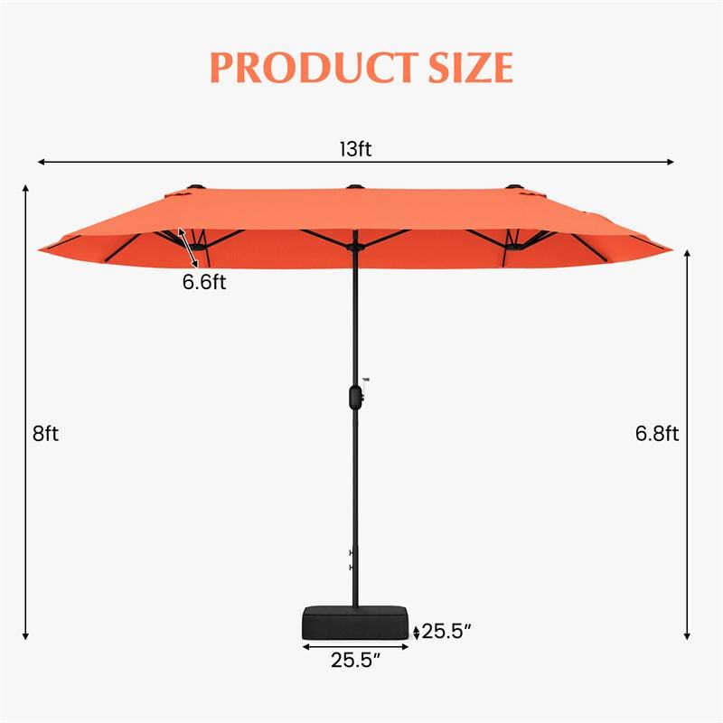 13FT Double-Sided Patio Umbrella, Extra Large Twin Market Umbrella with Base, Crank Handle, Safety Lock, Vented for Poolside, Deck, Backyard