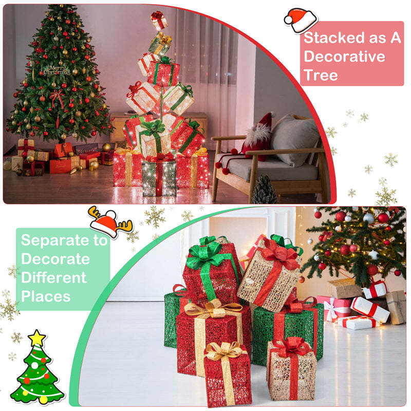 5.6FT Christmas Lighted Gift Box Tower, 15 Stacked Pre-Lit Gift Boxes with 450 Warm White Lights & Metal Base for Outdoor Indoor Holiday Decor