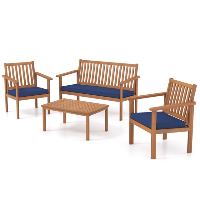 4 Piece Patio Wood Furniture Set Outdoor Acacia Wood Sofa Set with Loveseat, 2 Cushioned Chairs & Coffee Table for Porch Yard Balcony