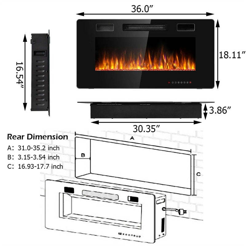 36" Recessed Electric Fireplace, Ultra-Thin Wall-Mounted Heater Insert with Adjustable Flame Color, Remote Control, Touch Screen, 8H Timer, 750W/1500W