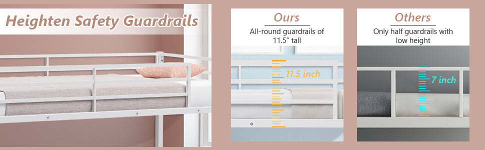 Metal Twin Over Twin Bunk Bed Frame with Guard Rails & Side Ladder for Kids