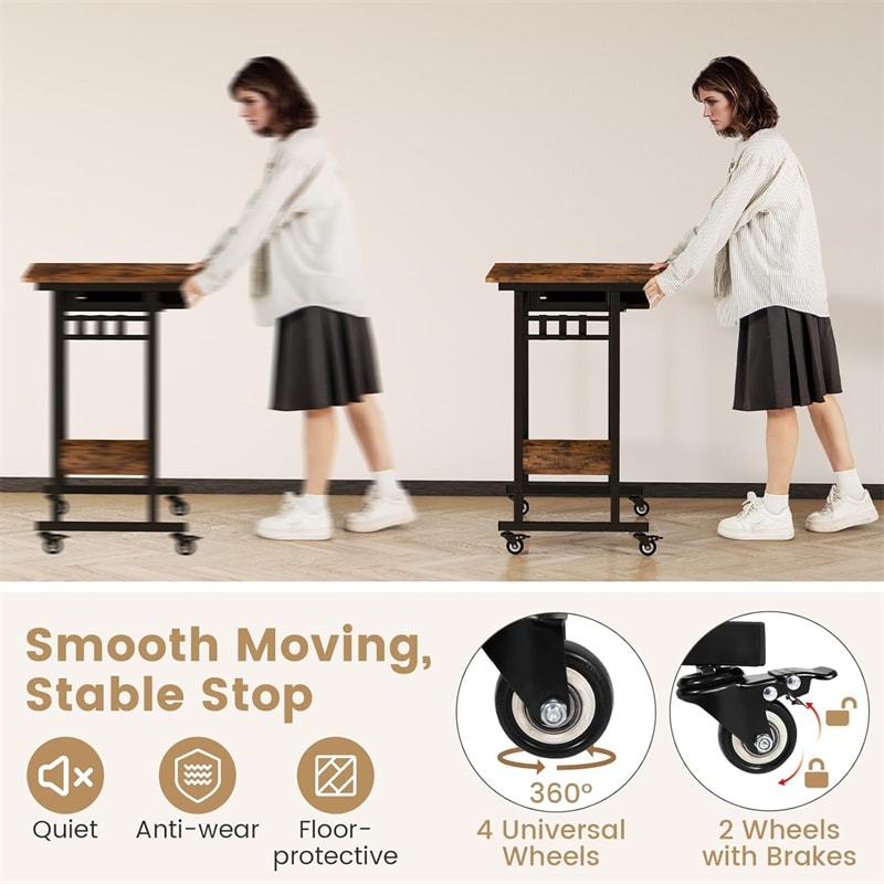 Rolling Computer Desk Cart, Mobile Laptop Desk with Keyboard Tray & CPU Stand, Industrial Small Desk on Wheels for Small Spaces, Home Office, Bedroom