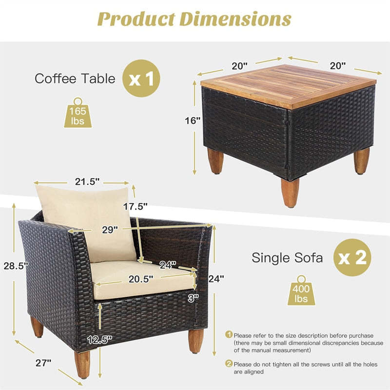 3-Piece Rattan Bistro Sofa Set Wicker Patio Furniture Set with Cushions & Side Table