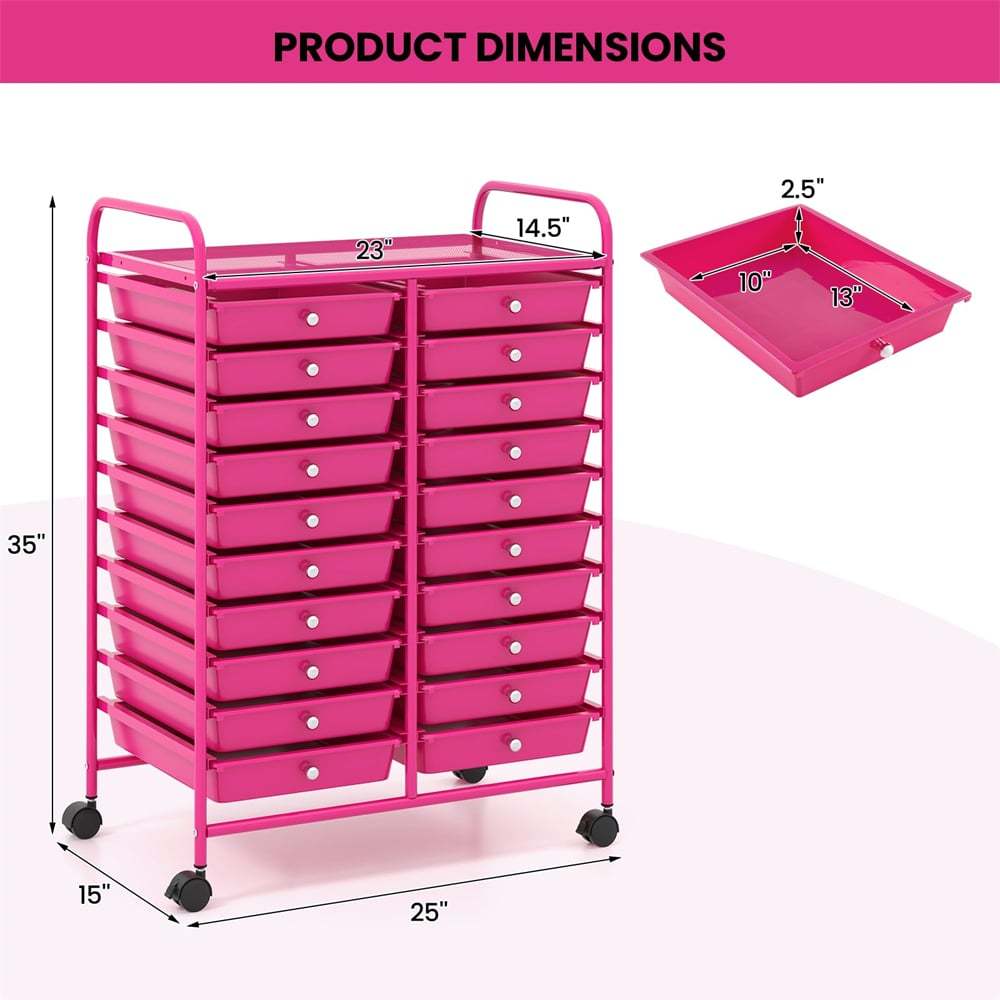 Storage Drawer Cart, 20-Drawer Rolling Cart Organizer with Lockable Wheels, Mobile Utility Cart for Office School Art Craft Supplies