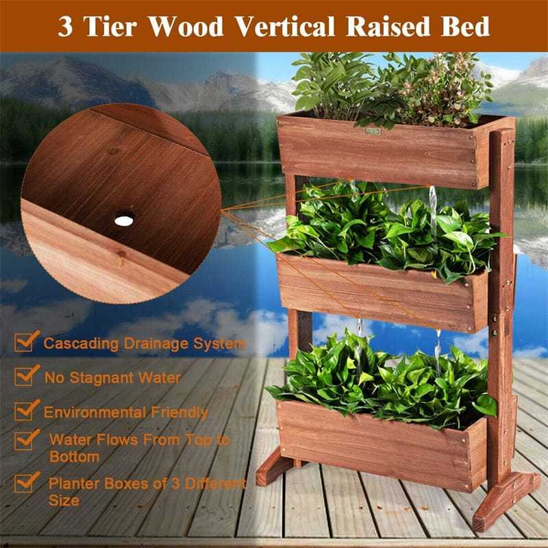 3-Tier Wooden Vertical Raised Garden Bed, Freestanding Tiltable Elevated Planter with 3 Drainage Boxes, Fir Wood Flower Rack for Vegetables & Herbs
