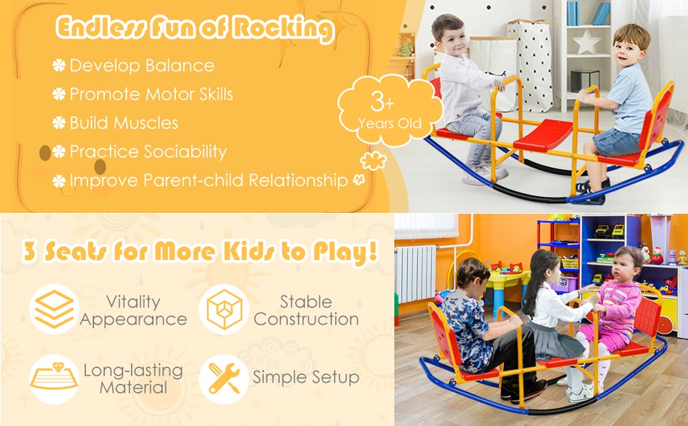 Kids Teeter Totters Indoor Outdoor Metal Rocking Seesaw with Handlebars & Backrest Seat for Boys Girls