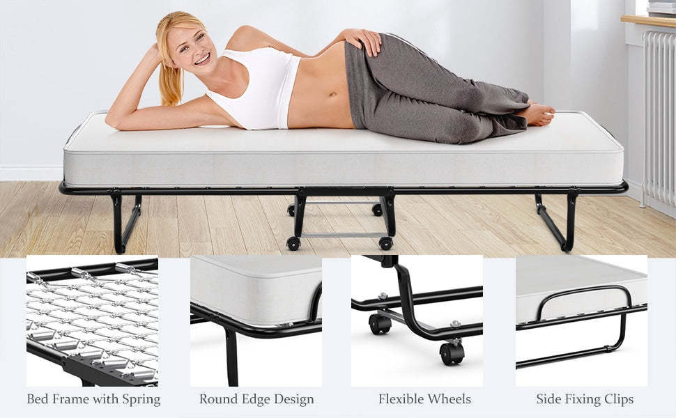 Rollaway Folding Bed Portable Guest Bed with 4 Inch Memory Foam Mattress - Metal Springs