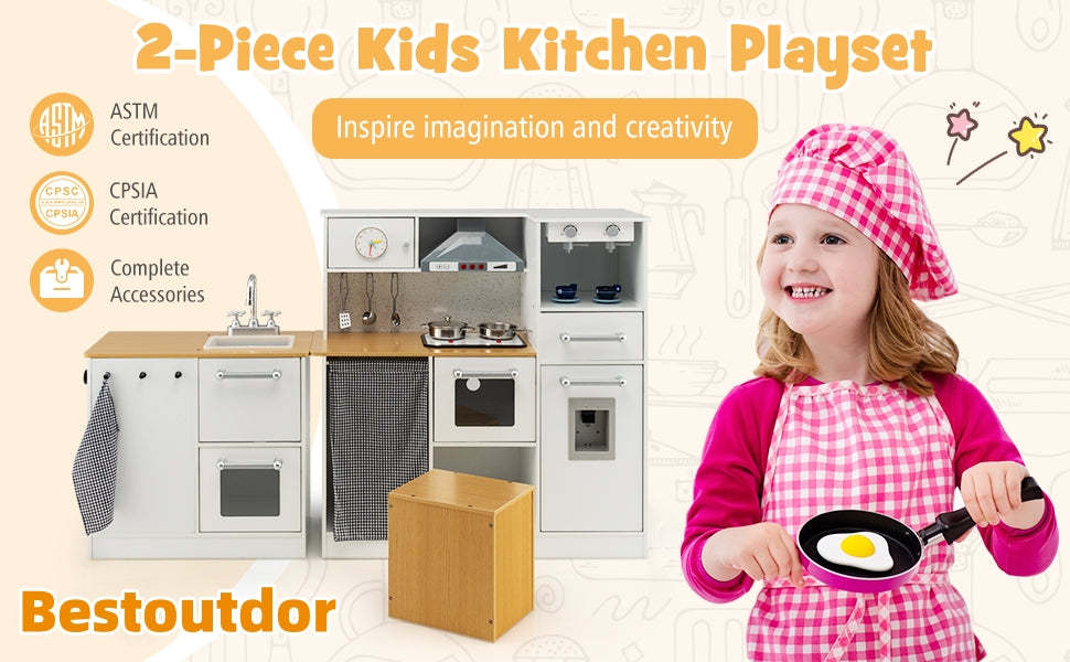 Kids 2-Piece Kitchen Playset Little Chef Wooden Modular Play Kitchen Toy Set with Movable Stool & Coffee Maker