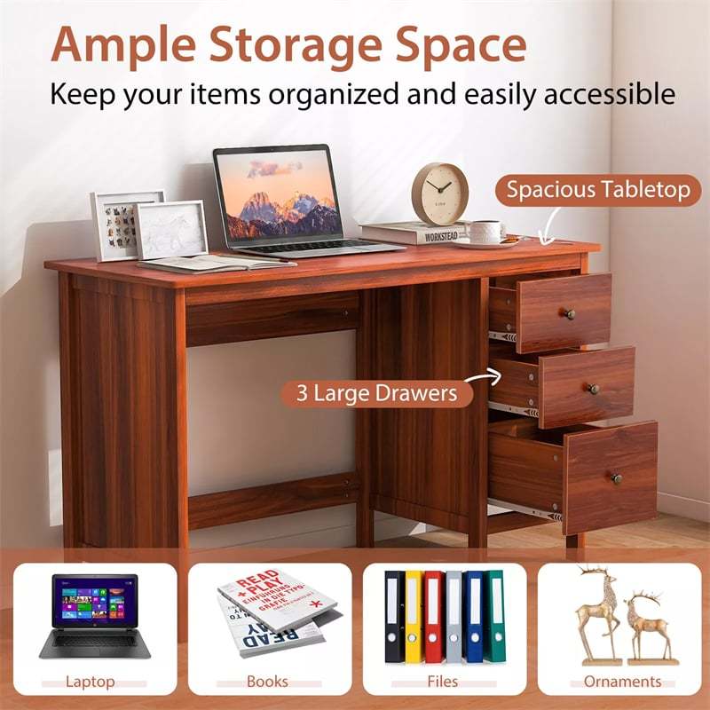 Modern Home Office Computer Desk with 3 Storage Drawers, Large Desktop, Compact Writing Study Desk, Multipurpose Laptop Workstation for Bedroom