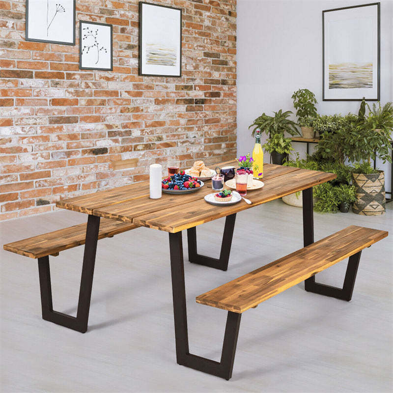 Acacia Wood Picnic Table Bench Set for 6-8, Patented 70" Outdoor Dining Set with Umbrella Hole, Heavy Duty Frame, 1600lbs Capacity for Patio, Backyard