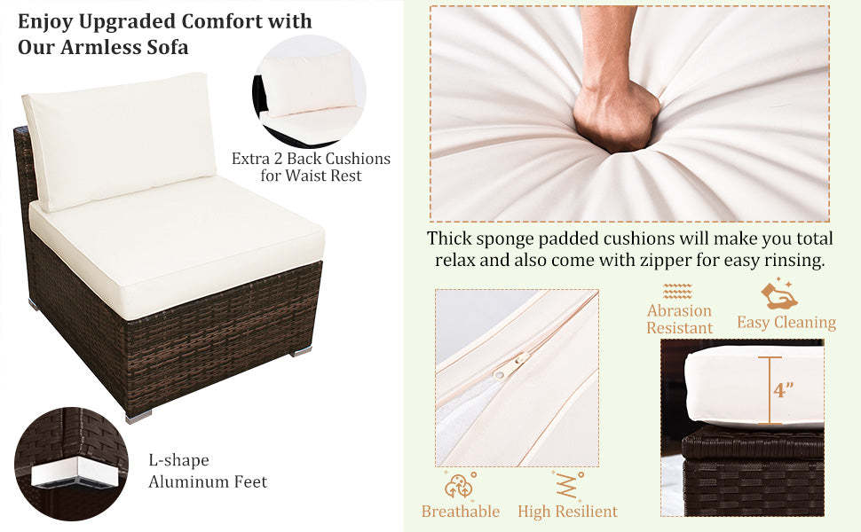 5 Piece Rattan Outdoor Furniture Wicker Lounge Chair Set with Glass Coffee Table & Soft Cushions