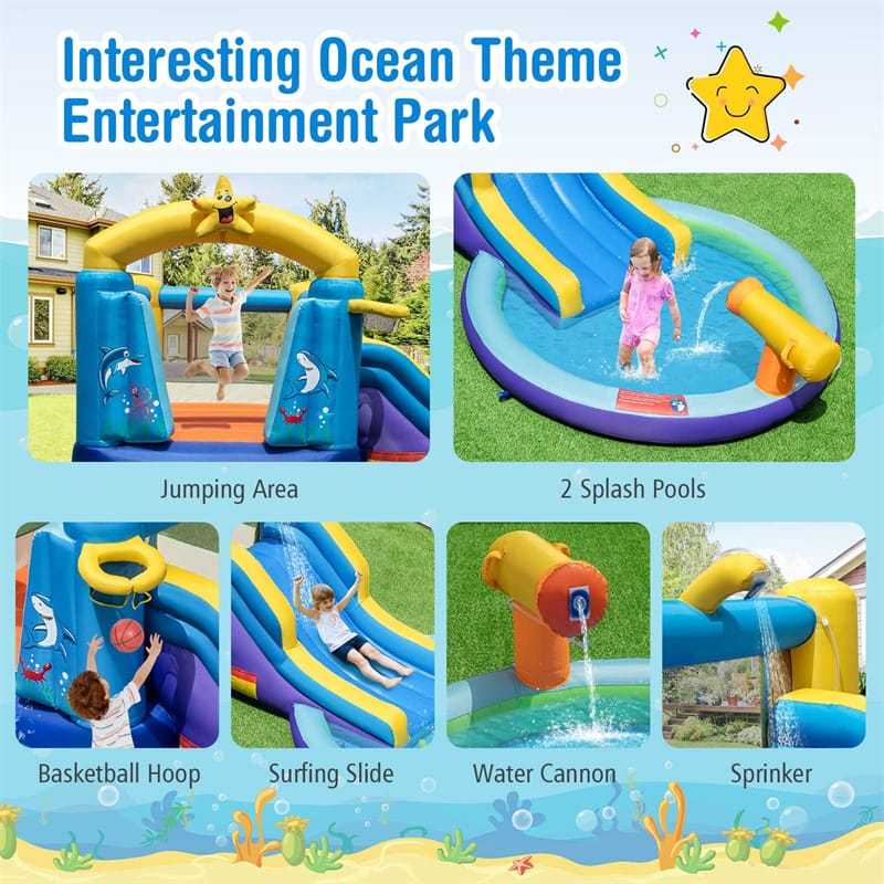 Inflatable Water Slide Ocean Theme Bounce House Water Park with Surfing Slide, 2 Splash Pools, 735W Blower, Water Cannon for Kids Indoor Outdoor Party