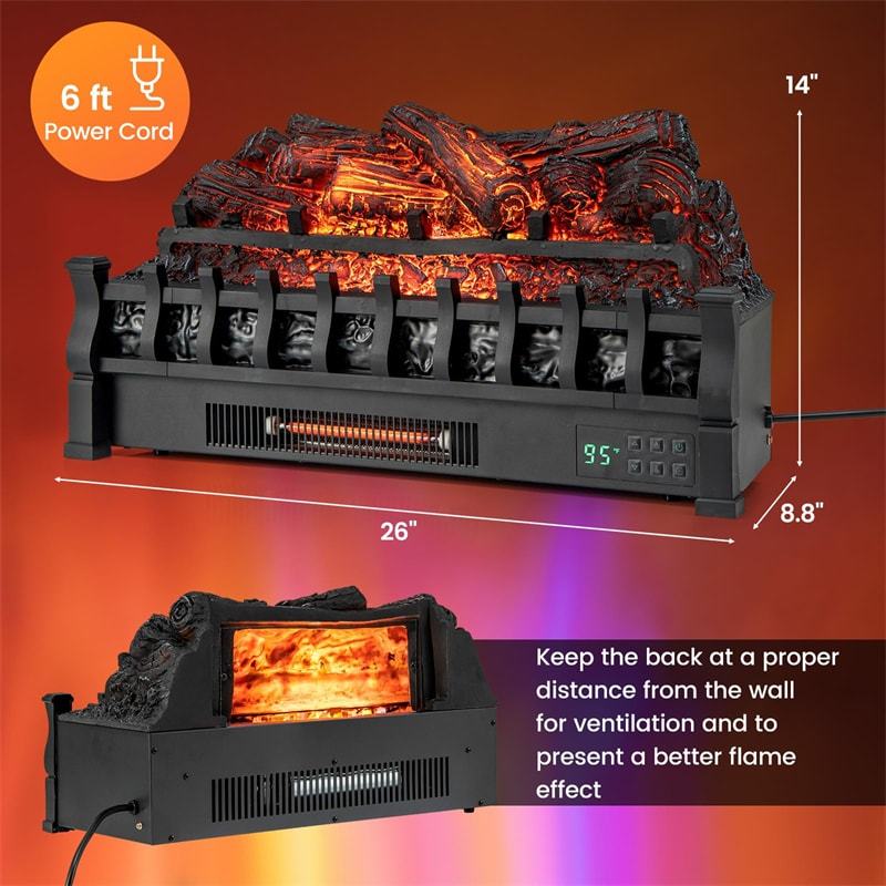 26” Infrared Quartz Electric Fireplace Log Heater 1500W Fireplace Insert with Realistic Pinewood Ember Bed, Remote Control & Overheat Protection