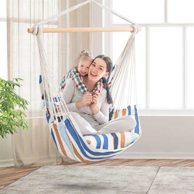 Hammock Chair Hanging Rope Swing Chair Cotton Rope Hammock Chair with 2 Cushions for Bedroom Patio Porch Yard Balcony Tree