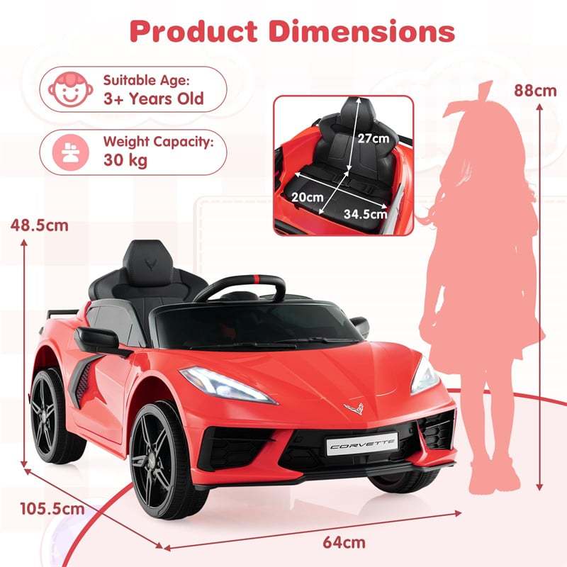 12V Kids Ride On Car Licensed Chevrolet Corvette C8 Electric Toy Car with Remote Control, Wireless Connection, Lights, Gift for Boys & Girls