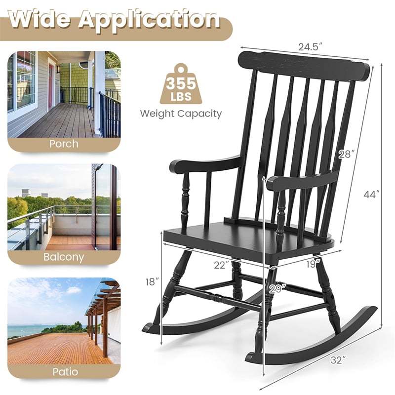 Solid Rubber Wood Patio Rocking Chair, Outdoor Porch Rocker with Slat Back & Glossy Finish for Garden, Backyard, Indoor Use