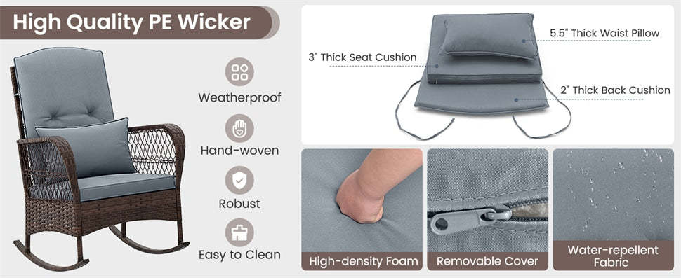 3-Piece Patio Rocker Set, Outdoor Wicker Rocking Chairs with 2-Layer Coffee Table, Cushions & Pillows, Rattan Bistro Set for Porch, Poolside