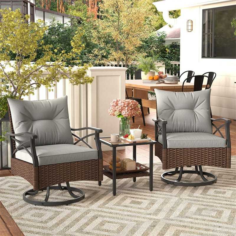 3-Piece Patio Swivel Rocker Set, Outdoor Rocking Chairs with 2-Tier Tempered Glass Coffee Table, Cozy Seat & Back Cushions for Garden, Backyard