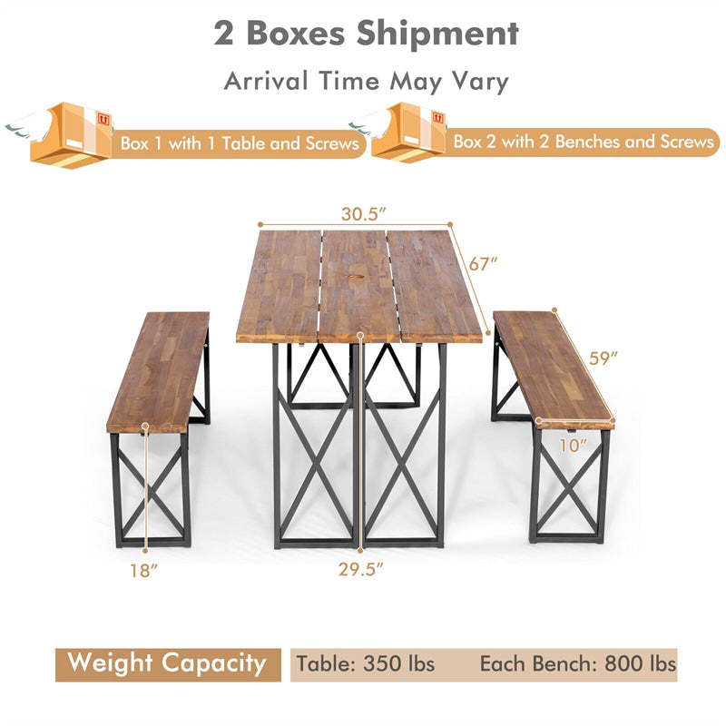 3-Piece Outdoor Picnic Table Set for 4-6 Persons, 67" Acacia Wood Dining Table with 2 Benches & 2" Umbrella Hole, Heavy-Duty Patio Rectangular Table