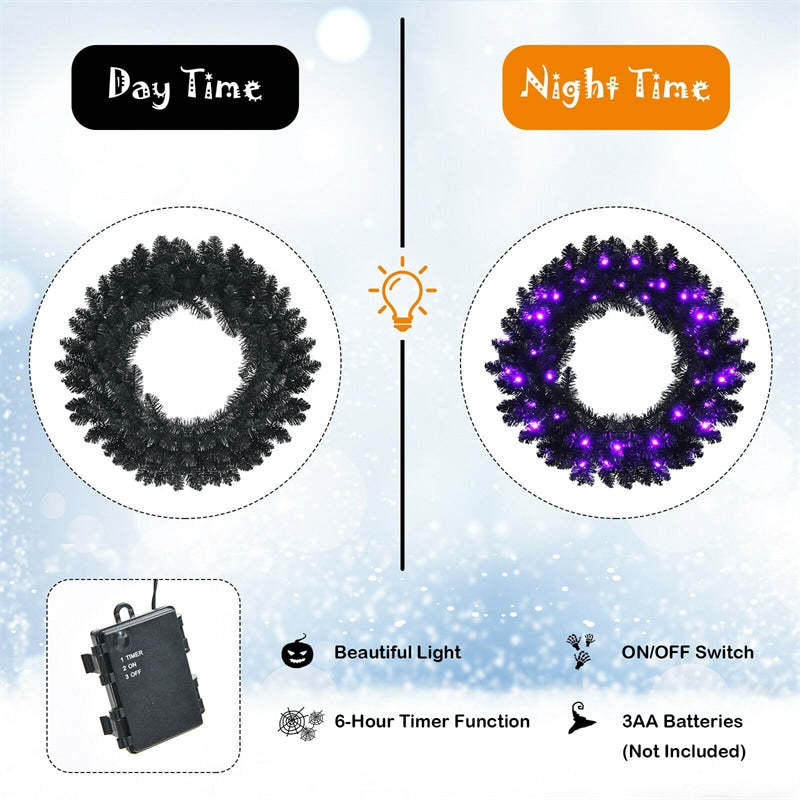 24 Inch Pre-lit Black Halloween Wreath with 35 Purple LED Lights