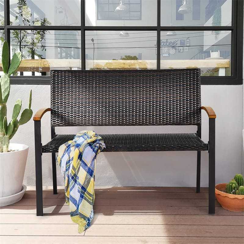 2-Pack Outdoor Stackable Bench Rattan Patio Bench All-Weather PE Wicker Garden Loveseat Chair Steel Frame with Acacia Wood Armrest
