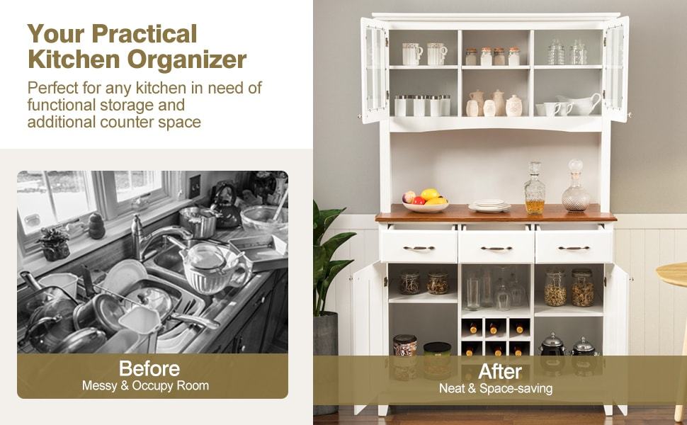 Wood Kitchen Buffet Hutch Cabinet Kitchenware Server with Large Drawers & Wine Bottle Modulars