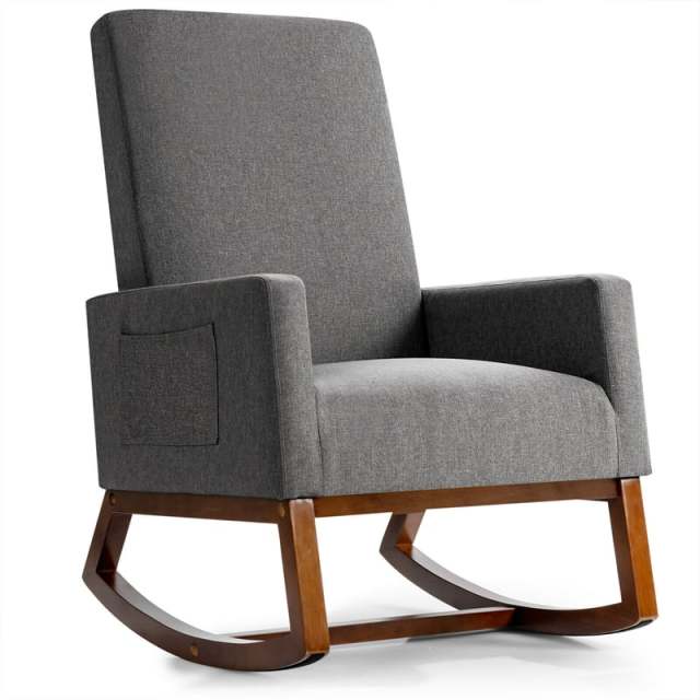 Upholstered Rocking Chair, Mid-Century Modern Fabric Rocker with Wood Base & Side Pocket, High Back Accent Chair for Nursery, Living Room