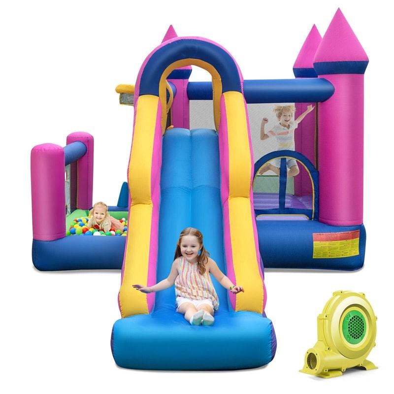 Inflatable Bounce House, 7-in-1 Princess Bouncy Castle with Long Slide, 735W Blower, Ball Pit & Ring Toss Game for Kids 3-10, Backyard Birthday Party