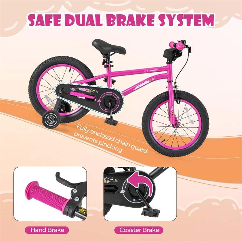 16-Inch Kids Bike, Sports Bicycle for 4-7 Years Old with Height Adjustable Seat, Fully Enclosed Chain Guard & Removable Training Wheels