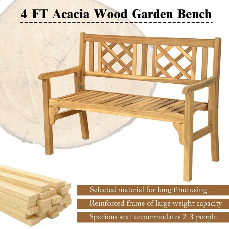 Folding Wood Outdoor Bench Acacia Garden Bench 2-Person Loveseat Chair with Curved Backrest & Armrest