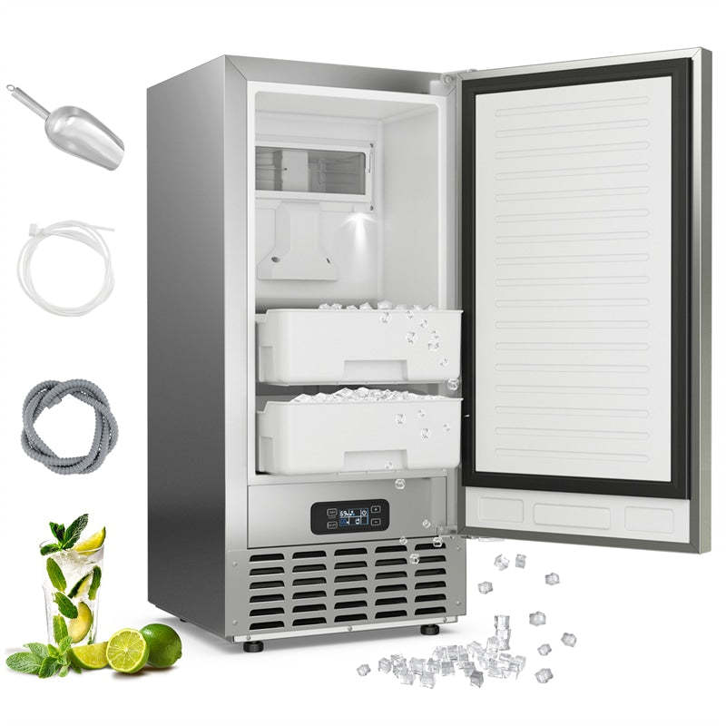 Under Counter Nugget Ice Maker, 80lbs/Day Freestanding Built-in Stainless Steel Ice Machine, Self-Cleaning, LCD Control, 24H Timer for Home Commercial