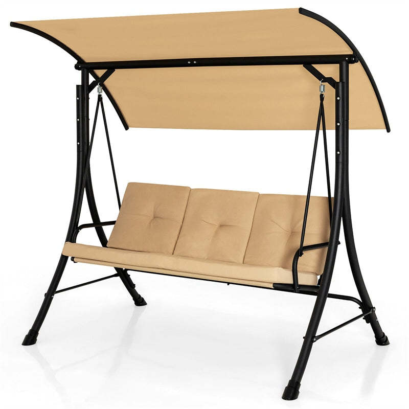 3-Seat Outdoor Porch Swing with Adjustable Canopy & Removable Cushions, Steel Frame Patio Swing for Garden, Backyard, Balcony, Poolside