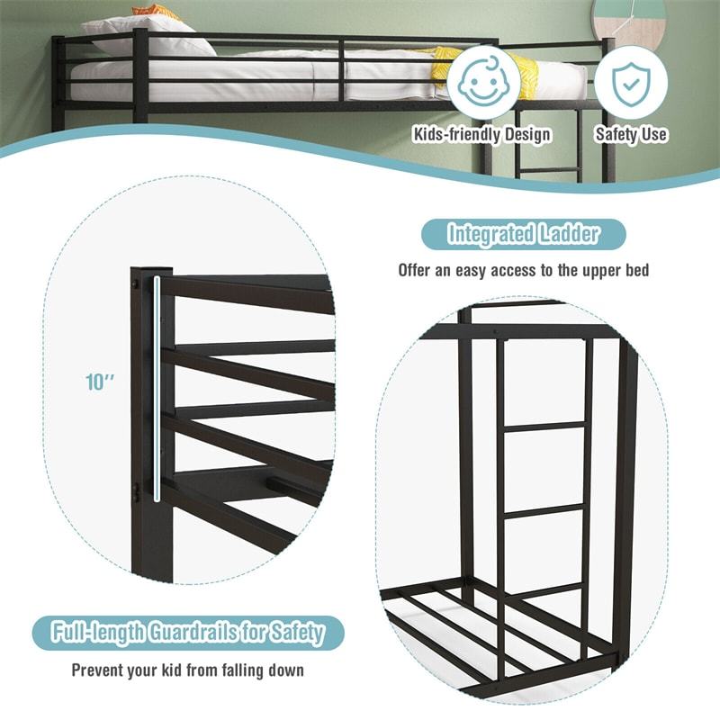Metal Bunk Bed Twin Over Twin Heavy Duty Low Profile Bunk Bed Frame Space-Saving Design with Full Length Safety Guardrail & Side Ladder for Kids Teens Adults
