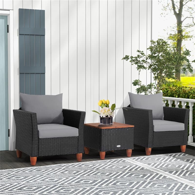 3PCS Patio Rattan Furniture Set Cushioned Sofa Chair Storage Coffee Table with Acacia Wood Top, Outdoor Wicker Conversation Set for Garden