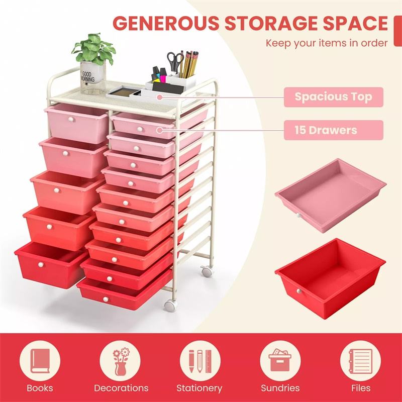 15-Drawer Rolling Storage Cart, Art &  Craft Organizer with Wheels & Removable Drawers for Tools, Scrapbook Paper, Home Office School
