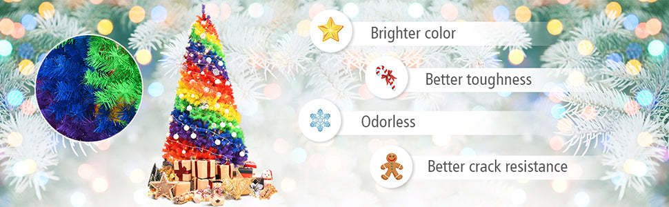 7FT Colorful Rainbow Full Fir Hinged Christmas Tree with Metal Stand