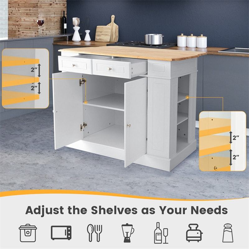 47" Kitchen Island with Drop Leaf, Rubber Wood Top, 2 Drawers, Adjustable Shelves & Spice Racks, Coffee Bar Table for Dining Room Storage