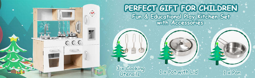 Kids Kitchen Playset Toddler Wooden Pretend Play Kitchen Toy Set with Cookware Utensil Water Dispenser & Storage Cabinet