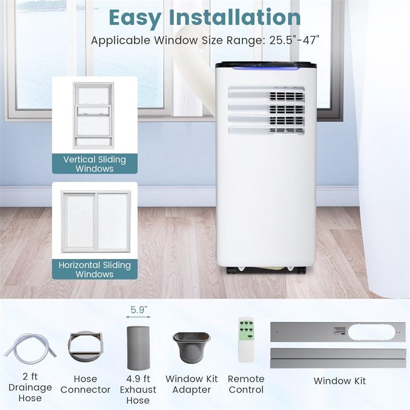 8000 BTU Portable Air Conditioner 3-in-1 AC Unit for Room up to 250 Sq.Ft with Cool Fan Dehumidifier Sleep Mode, Remote Control & Window Kit