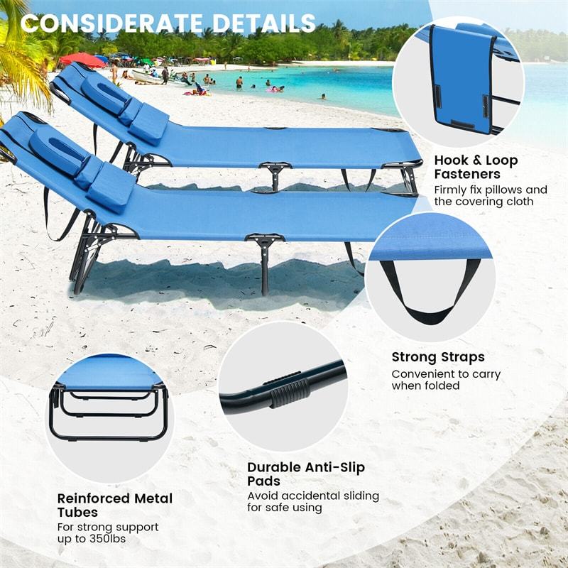 Folding Beach Chaise Lounge Chair, 5-Position Adjustable Sunbathing Recliner with Face Hole, Removable Pillows, Carry Strap, 350LB Support