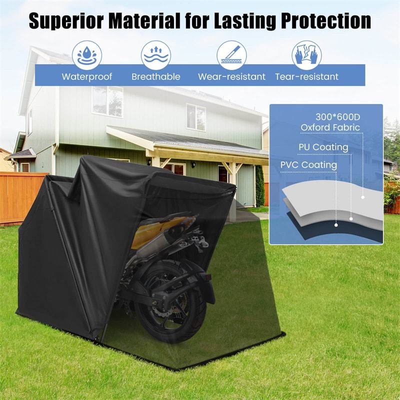Heavy Duty Motorcycle Storage Shed, Waterproof Motorcycle Garage Shelter with 600D Oxford Cover, Roll-Up Mesh Windows for Vehicles, 136" x 54" x 75"