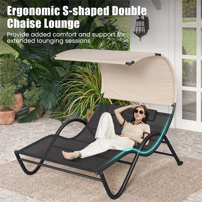 2 Person Lounge Chair with Sunshade Canopy, Large Outdoor Double Chaise Lounge Hammock Sunbed Chair Garden Sun Lounger with Removable Pillows & Wheels