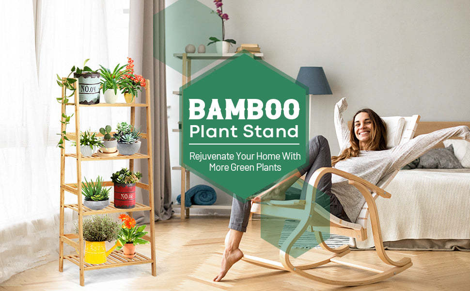 4 Tier Ladder Shelf Bamboo Plant Stand Flower Pots Rack Display Holder