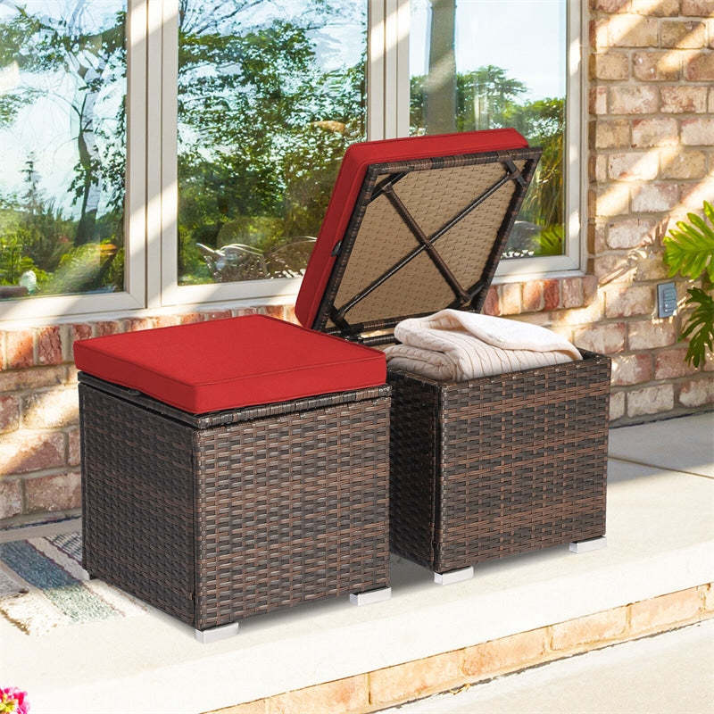 2PCS Wicker Patio Ottomans Hand-Woven PE Rattan Multipurpose Outdoor Footstool Side Table with Removable Cushions & Hidden Storage Box