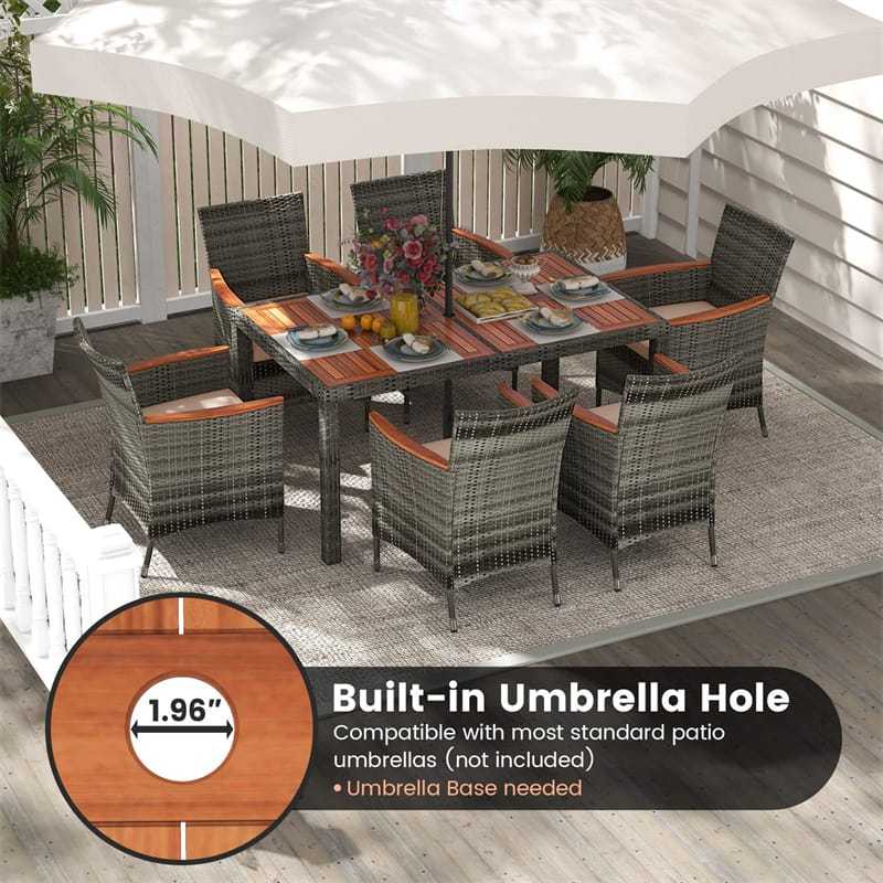 7 Piece Outdoor Wicker Dining Set Patio Rattan Dining Furniture Set with Acacia Wood Table, Umbrella Hole & 6 Cushioned Armchairs