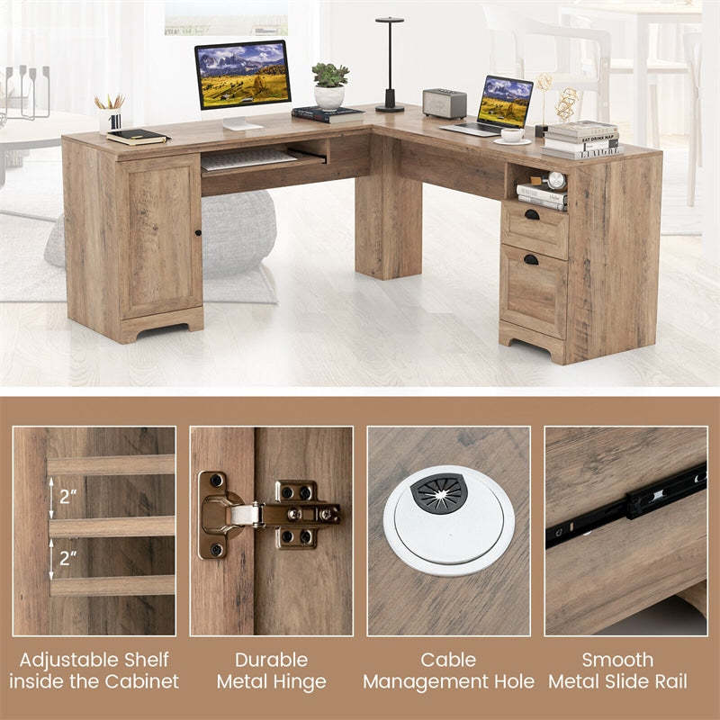 L-Shaped Home Office Desk 66" Corner Computer Desk Space-Saving Writing Table with Drawers & Storage Shelf