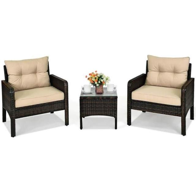 3 Piece Rattan Patio Furniture Set Outdoor Conversation Set Wicker Chairs with Cushions & Glass Top Coffee Table for Garden Lawn Yard