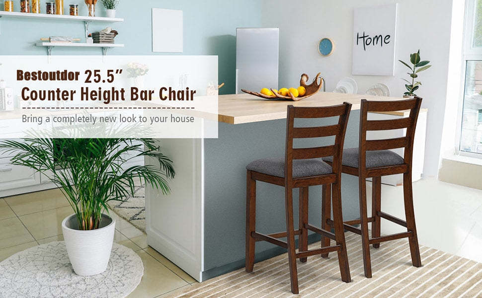 Rubber Wood Upholstered Counter Height Bar Stools Set of 2 with Backrests